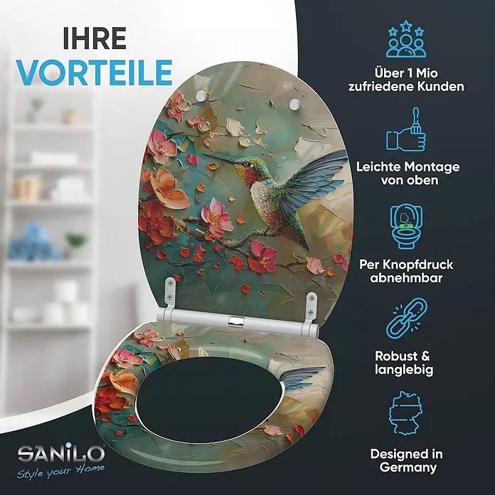 SANILO WC-Sitz Petalo mit Schnellverschluss - MDF, Grün|Altrosa|Blau, Mit Absenkautomatik - Ein dekorativer Toilettensitz mit lebhaftem Ölgemälde-Design, das einen Kolibri und bunte Blumen zeigt.