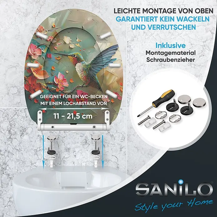 SANILO WC-Sitz Petalo mit Schnellverschluss - MDF, Grün|Altrosa|Blau, Mit Absenkautomatik - WC-Sitz mit Kolibri- und Blumendekor, Montagematerial und Schraubenzieher abgebildet. Einfache Top-Fix-Montage für 11-21,5 cm Lochabstand.