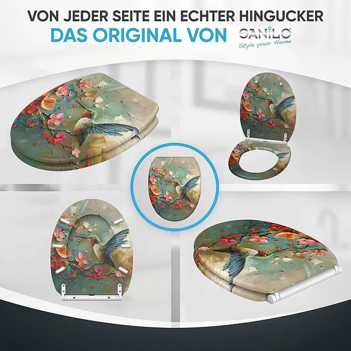 SANILO WC-Sitz Petalo mit Schnellverschluss - MDF, Grün|Altrosa|Blau, Mit Absenkautomatik - Toilettensitz mit farbenfrohem Kolibri- und Blumenmotiv im detaillierten, strukturierten Malstil.