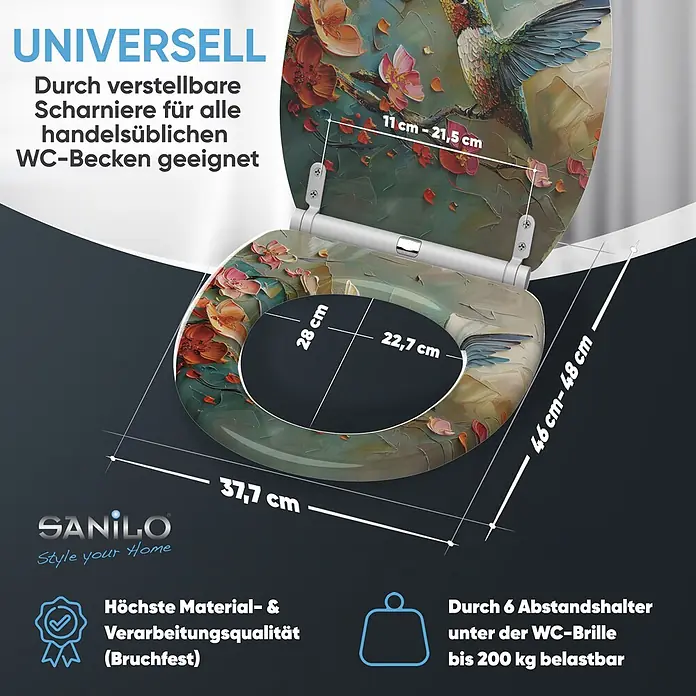 SANILO WC-Sitz Petalo mit Schnellverschluss - MDF, Grün|Altrosa|Blau, Mit Absenkautomatik - WC-Sitz mit Kolibri- und Blumendesign, universell passend (46-48cm), bruchfest & bis 200kg belastbar.