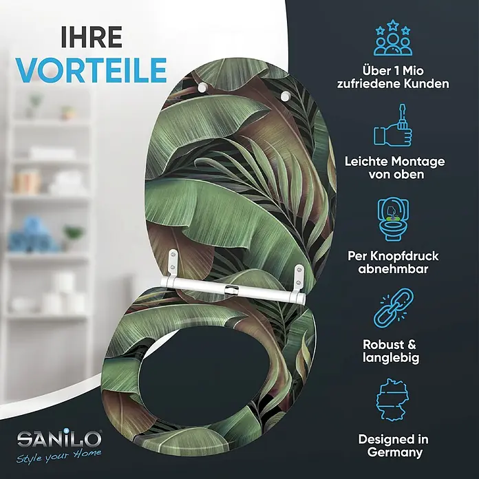 SANILO WC-Sitz Jungle mit Schnellverschluss - MDF, Grün, Mit Absenkautomatik - Robuster Toilettensitz mit tropischem Blättermuster, einfacher Top-Montage und Schnellverschlussfunktion.