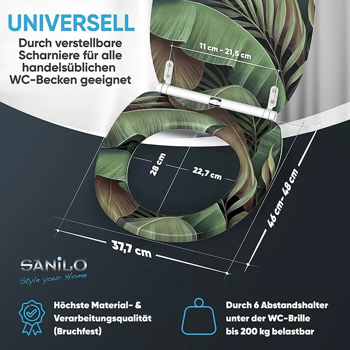 SANILO WC-Sitz Jungle mit Schnellverschluss - MDF, Grün, Mit Absenkautomatik - WC-Sitz mit tropischem Blattmuster, universell passend dank verstellbarer Scharniere, hohe Qualität und belastbar bis 200 kg.