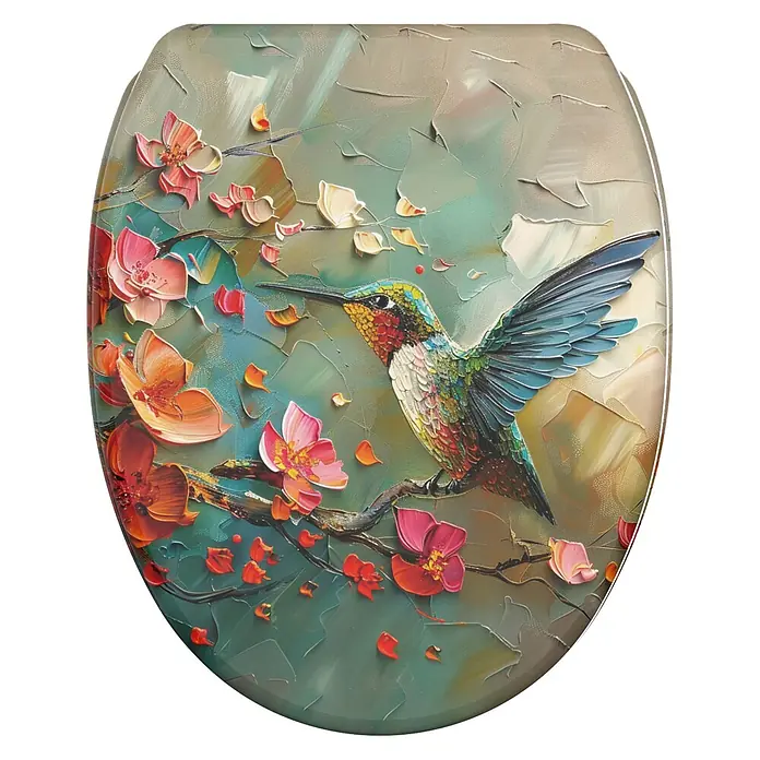 SANILO WC-Sitz Petalo mit Schnellverschluss - MDF, Grün|Altrosa|Blau, Mit Absenkautomatik - Toilettensitzbezug mit geprägtem Impasto-Gemälde eines farbenfrohen Kolibris zwischen leuchtend rosa und orangefarbenen Blüten.