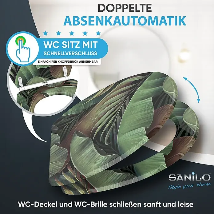 SANILO WC-Sitz Jungle mit Schnellverschluss - MDF, Grün, Mit Absenkautomatik - WC-Sitz mit tropischem Blätterdesign, Soft-Close- und Schnellverschlussfunktion für einfache Abnahme.