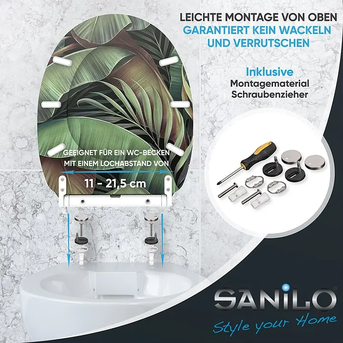 SANILO WC-Sitz Jungle mit Schnellverschluss - MDF, Grün, Mit Absenkautomatik - WC-Sitz mit Tropenblatt-Design, von oben montierbar mit verstellbarem Lochabstand (11-21,5 cm), inkl. Montageset und Schraubenzieher.