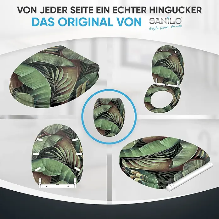 SANILO WC-Sitz Jungle mit Schnellverschluss - MDF, Grün, Mit Absenkautomatik - Toilettensitz mit tropischem Blättermuster, in verschiedenen Ansichten gezeigt, mit grünen und braunen Blättern und weißen Scharnieren.