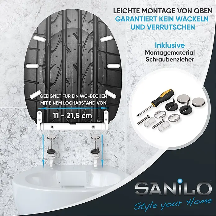 SANILO WC-Sitz Tyre mit Schnellverschluss - MDF, Grau, Mit Absenkautomatik - WC-Sitz mit Reifenprofil, von oben montierbar, Lochabstand 11-21,5 cm. Inkl. Montagematerial und Schraubenzieher.