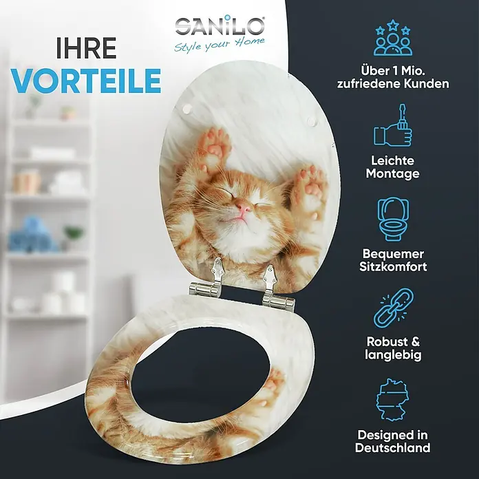 SANILO WC-Sitz Lilly mit Schnellverschluss - MDF, Braun, Mit Absenkautomatik - Toilettensitz mit aufgedrucktem Motiv eines schlafenden, orangefarbenen Kätzchens.