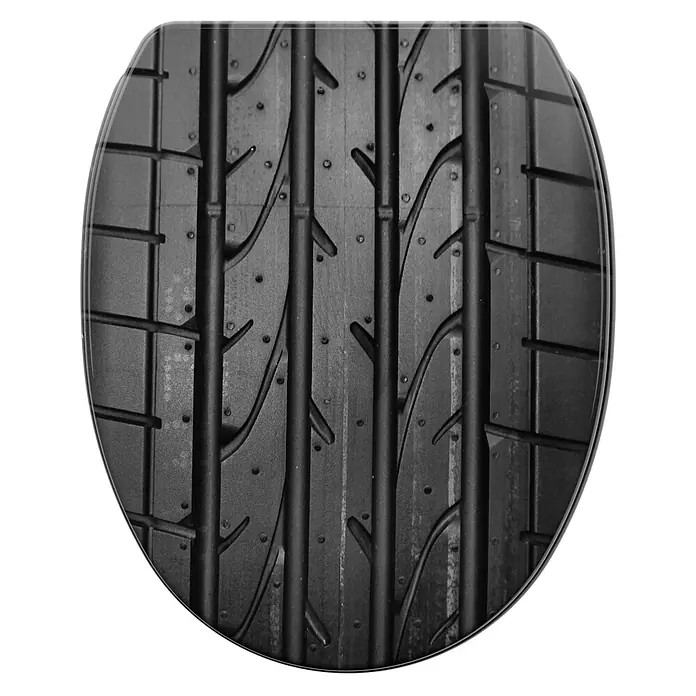 SANILO WC-Sitz Tyre mit Schnellverschluss - MDF, Grau, Mit Absenkautomatik - Toilettensitz mit realistischem schwarz-grauem Reifenprofilmuster.