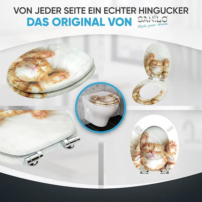 SANILO WC-Sitz Lilly mit Schnellverschluss - MDF, Braun, Mit Absenkautomatik - Toilettensitz mit detailliertem Druck eines schlafenden roten Kätzchens. Aus verschiedenen Blickwinkeln gezeigt, auch auf einer Toilette montiert.