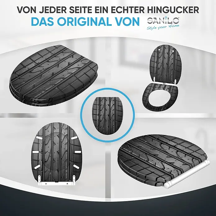 SANILO WC-Sitz Tyre mit Schnellverschluss - MDF, Grau, Mit Absenkautomatik - Schwarzer Toilettensitz mit realistischem Reifenprofil, aus verschiedenen Perspektiven gezeigt.