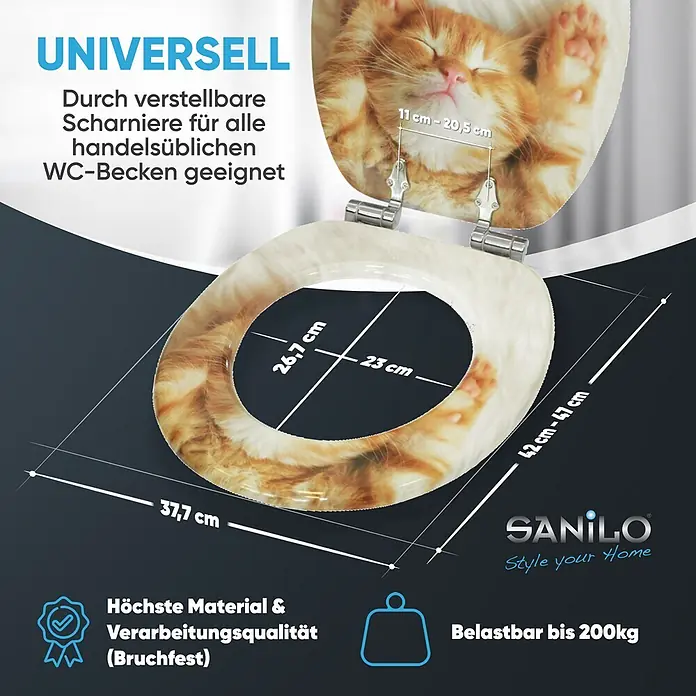 SANILO WC-Sitz Lilly mit Schnellverschluss - MDF, Braun, Mit Absenkautomatik - WC-Sitz mit schlafendem Katzenmotiv, verstellbare Scharniere für universelle Passform, bruchfest, belastbar bis 200kg. Maße angezeigt.