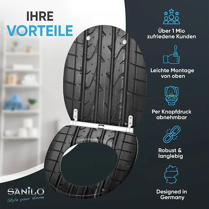 SANILO WC-Sitz Tyre mit Schnellverschluss - MDF, Grau, Mit Absenkautomatik - Schwarzer Toilettensitz mit einzigartigem Reifenprofil-Design.