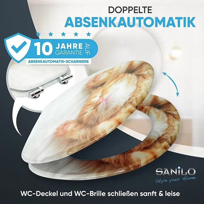 SANILO WC-Sitz Lilly mit Schnellverschluss - MDF, Braun, Mit Absenkautomatik - WC-Sitz und Deckel mit schlafendem Katzenmotiv, mit doppelter Absenkautomatik und 10 Jahren Garantie auf Scharniere.