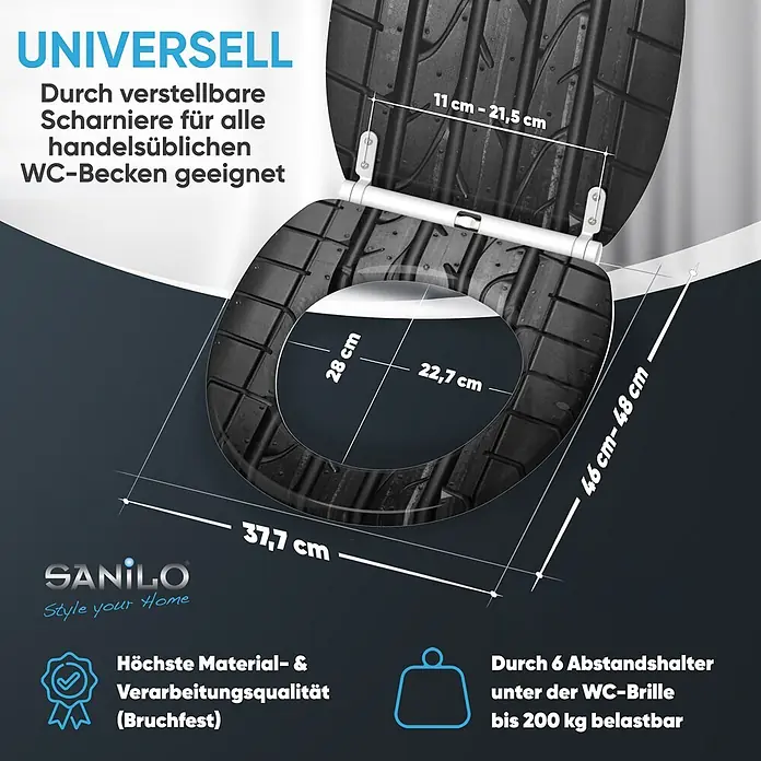 SANILO WC-Sitz Tyre mit Schnellverschluss - MDF, Grau, Mit Absenkautomatik - Schwarzer WC-Sitz mit Reifenprofil-Design, universell passend, bruchfest und bis 200 kg belastbar.