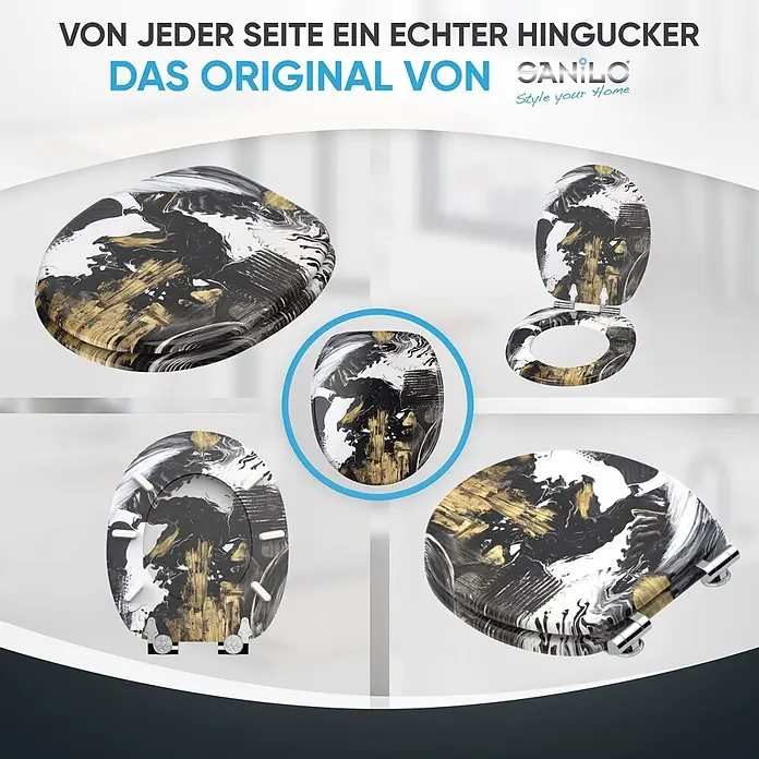 SANILO WC-Sitz Acrylics mit Absenkautomatik - MDF, Weiß, Mit Absenkautomatik - Toilettensitz mit modernem, abstraktem schwarz-weiß-goldenem Marmordesign, aus verschiedenen Blickwinkeln dargestellt.