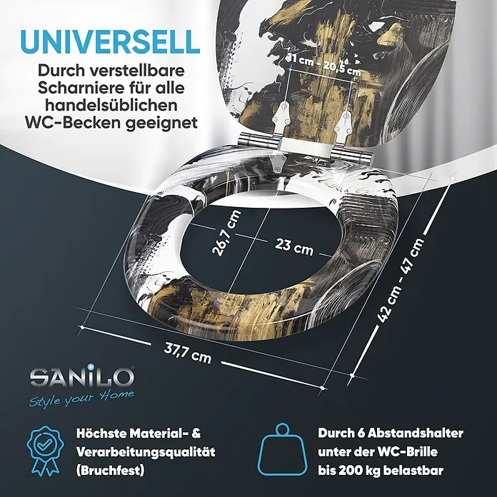 SANILO WC-Sitz Acrylics mit Absenkautomatik - MDF, Weiß, Mit Absenkautomatik - Marmorierter WC-Sitz in Schwarz, Weiß, Gold mit Maßangaben: außen 37,7x42-47cm, innen 23x26,7cm. Universell, verstellbare Scharniere, bruchfest, 200kg belastbar.