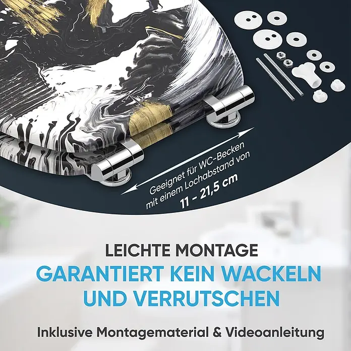 SANILO WC-Sitz Acrylics mit Absenkautomatik - MDF, Weiß, Mit Absenkautomatik - Toilettensitz mit schwarz-weiß-goldenem Marmormuster, Chromscharnieren und Montagematerial. Anpassbarer Lochabstand für sicheren Halt.
