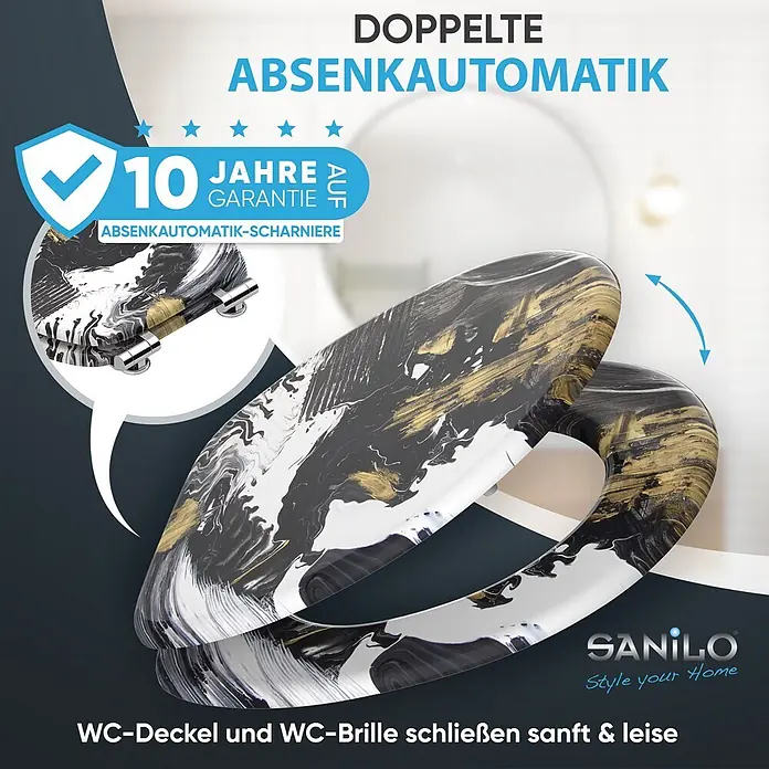 SANILO WC-Sitz Acrylics mit Absenkautomatik - MDF, Weiß, Mit Absenkautomatik - Schwarz, weiß und gold marmorierter WC-Sitz mit doppelter Absenkautomatik, sanft schließend.