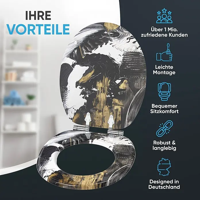 SANILO WC-Sitz Acrylics mit Absenkautomatik - MDF, Weiß, Mit Absenkautomatik - Dekorativer Toilettensitz mit abstraktem schwarz-weiß-goldenem Muster.