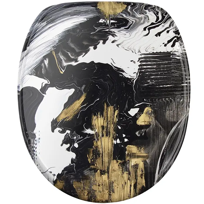 SANILO WC-Sitz Acrylics mit Absenkautomatik - MDF, Weiß, Mit Absenkautomatik - Toilettensitzbezug mit abstraktem schwarz-weiß-goldenem Fluid-Art-Design.