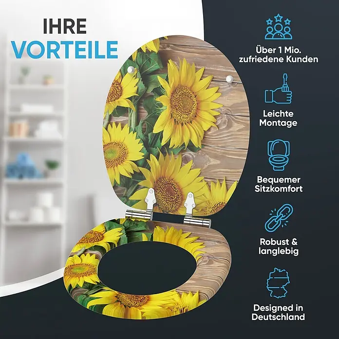 SANILO WC-Sitz Sunflower mit Absenkautomatik - MDF, Gelb, Mit Absenkautomatik - Ein offener Toilettensitz mit einem lebhaften Sonnenblumen- und Holzmaserungsmuster.