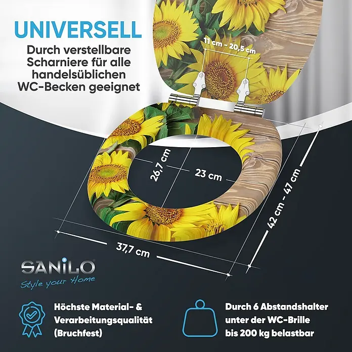 SANILO WC-Sitz Sunflower mit Absenkautomatik - MDF, Gelb, Mit Absenkautomatik - WC-Sitz mit Sonnenblumen-Design und verstellbaren Scharnieren für universelle Passform und hohe Materialqualität.