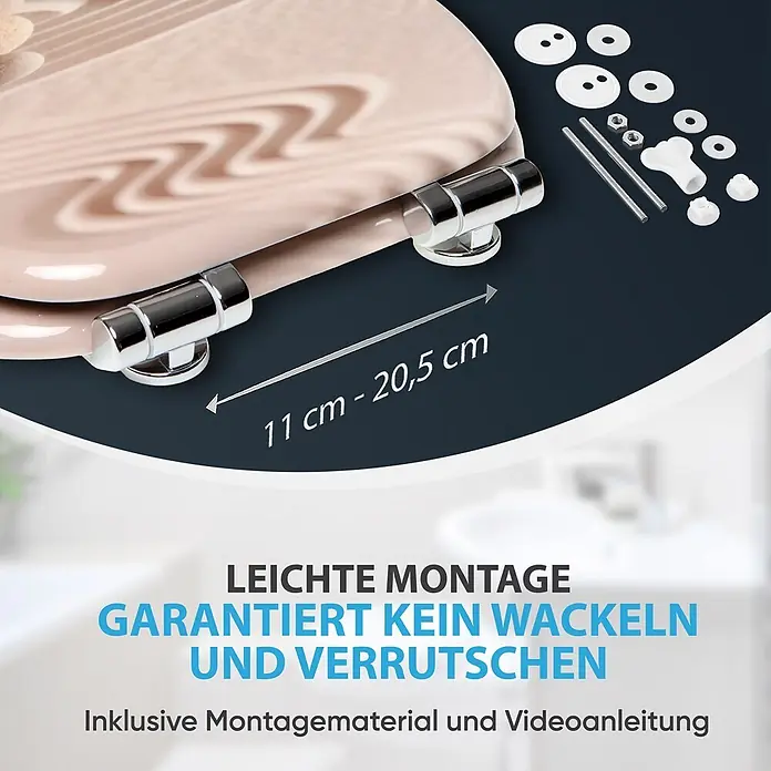 SANILO WC-Sitz Zen mit Absenkautomatik - MDF, Braun, Mit Absenkautomatik - Helles rosafarbenes WC-Sitz mit Chromscharnieren und Montagematerial. Verstellbare Länge 11-20,5 cm.