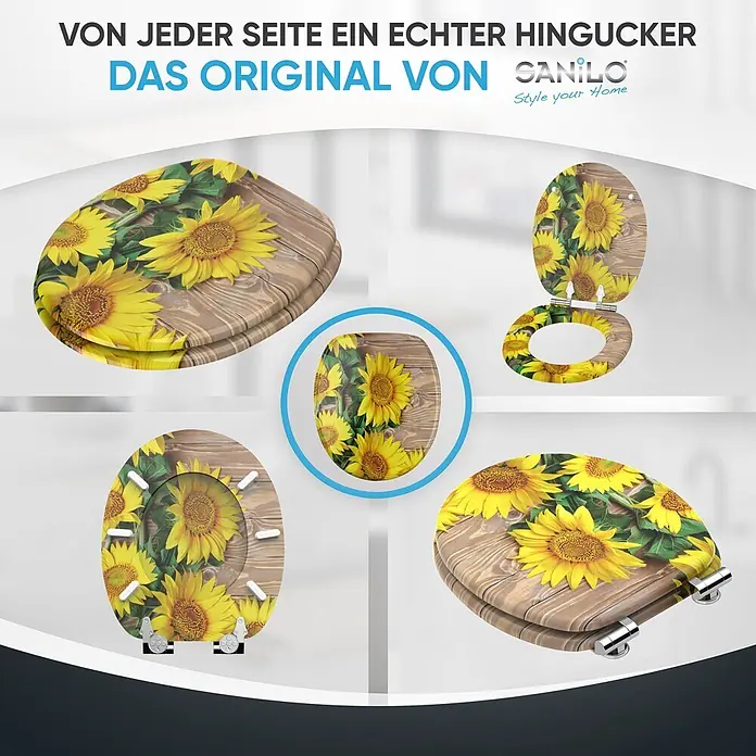 SANILO WC-Sitz Sunflower mit Absenkautomatik - MDF, Gelb, Mit Absenkautomatik - Toilettensitz mit Sonnenblumen- und Holzmaserungsmuster, aus verschiedenen Ansichten gezeigt.