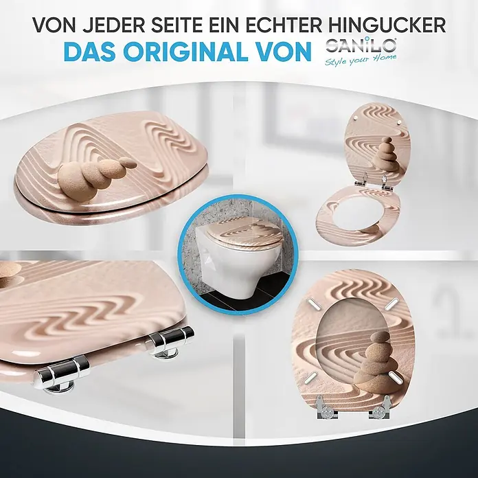SANILO WC-Sitz Zen mit Absenkautomatik - MDF, Braun, Mit Absenkautomatik - Toilettensitz mit Zen-Garten-Sand- und Steinstapel-Design, offen, geschlossen und auf einer Toilette montiert dargestellt.