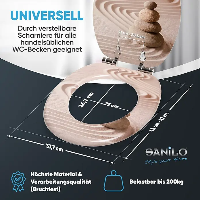 SANILO WC-Sitz Zen mit Absenkautomatik - MDF, Braun, Mit Absenkautomatik - WC-Sitz mit Zen-Garten-Sandmuster, Maßen und Features wie universell verstellbaren Scharnieren, hoher Qualität und 200kg Belastbarkeit.