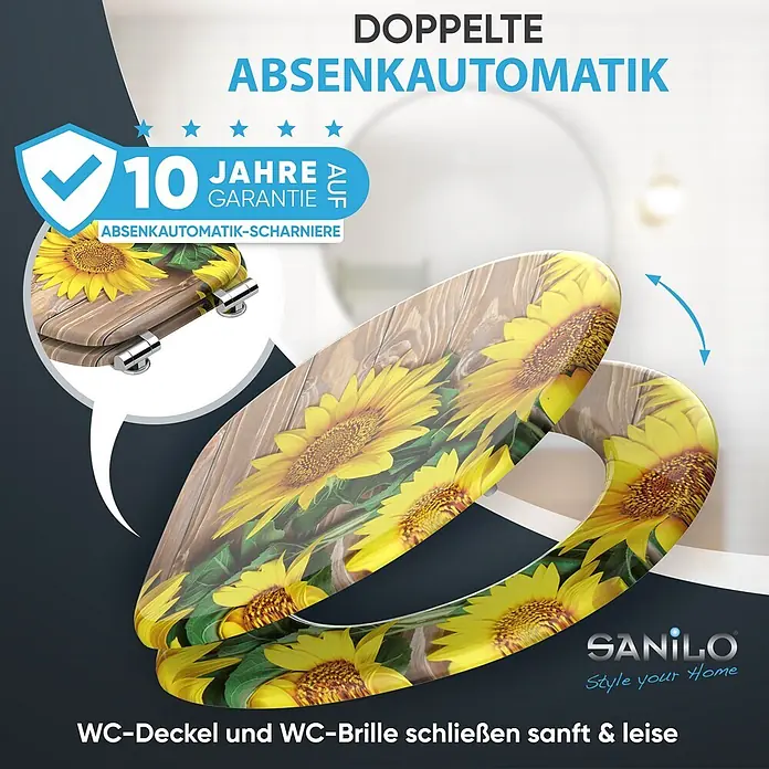 SANILO WC-Sitz Sunflower mit Absenkautomatik - MDF, Gelb, Mit Absenkautomatik - WC-Sitz mit Sonnenblumen- und Holzdesign, Doppel-Absenkautomatik, 10 Jahre Garantie.