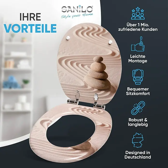 SANILO WC-Sitz Zen mit Absenkautomatik - MDF, Braun, Mit Absenkautomatik - Toilettensitz mit Zen-Garten-Design und aufgelisteten Produktvorteilen.