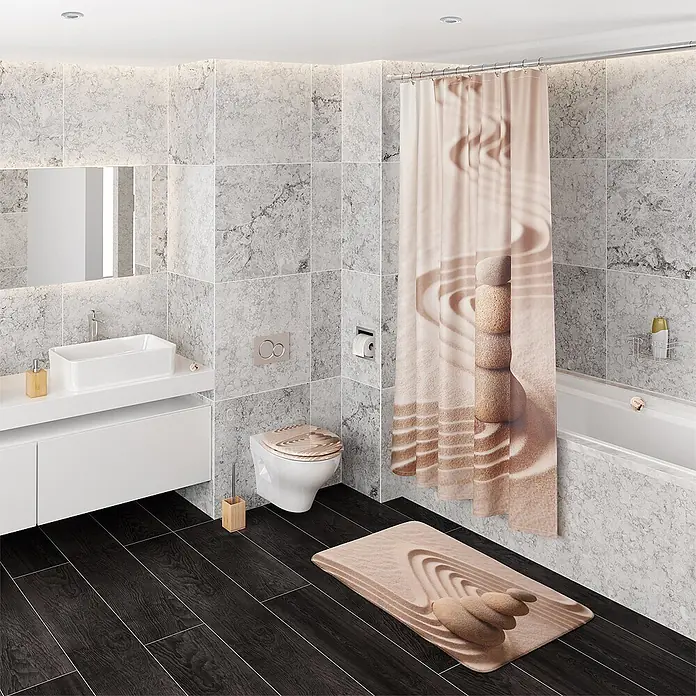 SANILO WC-Sitz Zen mit Absenkautomatik - MDF, Braun, Mit Absenkautomatik - Beige Zen-Garten Duschvorhang, Toilettensitzbezug und Badematte Set in einem modernen Bad.