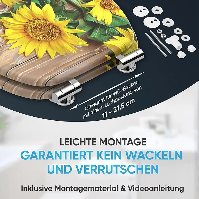 SANILO WC-Sitz Sunflower mit Absenkautomatik - MDF, Gelb, Mit Absenkautomatik - Toilettensitz mit Sonnenblumen- und Holzplankendesign, Chromscharnieren und Montagematerial. Für einfache, stabile Installation mit einstellbarem Lochabstand.