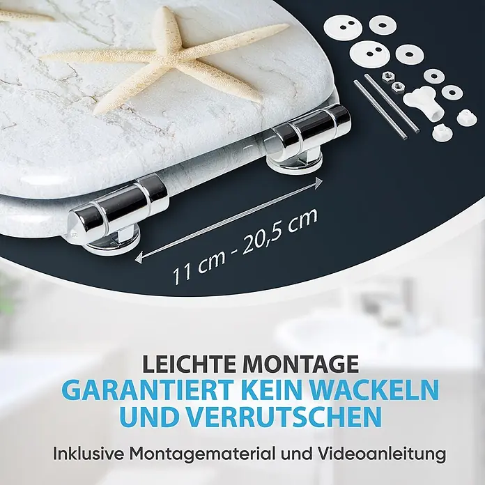 SANILO WC-Sitz Seestern mit Absenkautomatik - MDF, Grau, Mit Absenkautomatik - Weißer Marmoroptik-Toilettensitz mit Chromscharnieren und Befestigungsmaterial. Scharnierabstand 11-20,5 cm. Garantiert kein Wackeln.