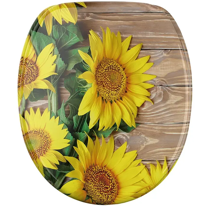 SANILO WC-Sitz Sunflower mit Absenkautomatik - MDF, Gelb, Mit Absenkautomatik - Toilettensitz mit Sonnenblumen- und Holzdesign.