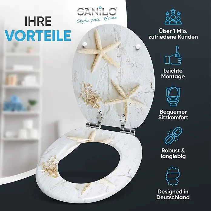 SANILO WC-Sitz Seestern mit Absenkautomatik - MDF, Grau, Mit Absenkautomatik - Toilettensitz mit weißem, strukturiertem Design, Seesternen und Muschelfragmenten.
