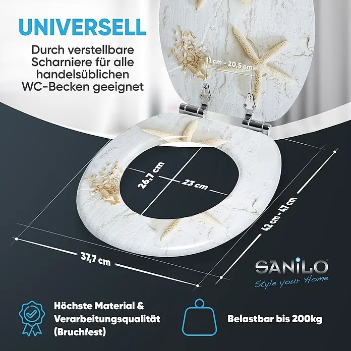 SANILO WC-Sitz Seestern mit Absenkautomatik - MDF, Grau, Mit Absenkautomatik - Weißer WC-Sitz mit Seestern- und Muscheldesign, universell passend durch verstellbare Scharniere, hohe Qualität, bis 200kg belastbar.