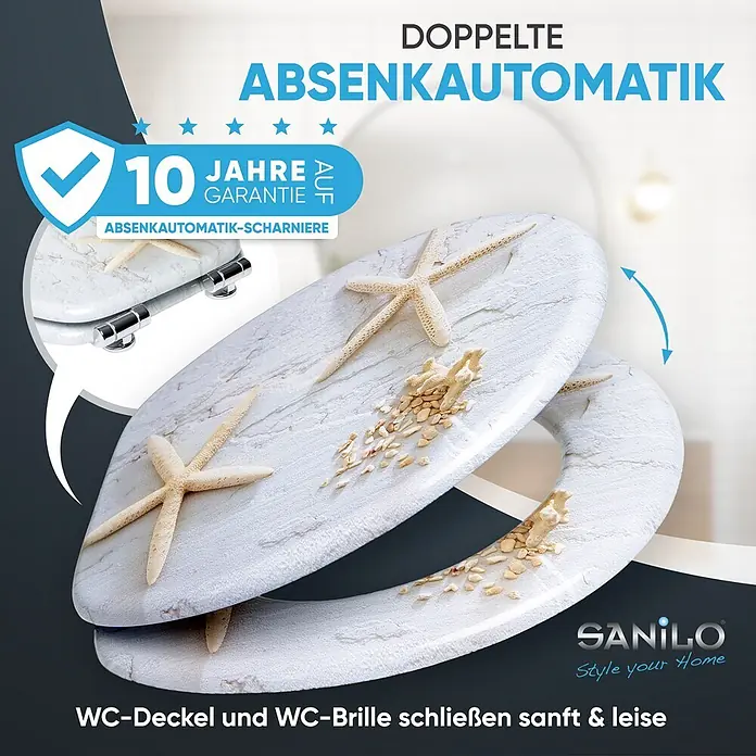 SANILO WC-Sitz Seestern mit Absenkautomatik - MDF, Grau, Mit Absenkautomatik - Weißer WC-Sitz mit Seestern- und Muschelmotiv, ausgestattet mit doppelter Absenkautomatik.