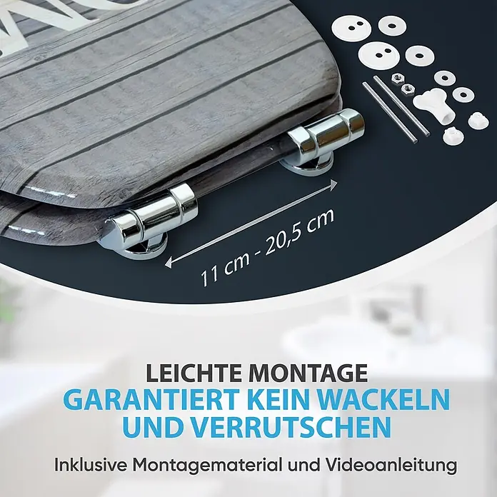 SANILO WC-Sitz Welcome mit Absenkautomatik - MDF, Braun, Mit Absenkautomatik - Toilettensitz in Holzoptik (grau) mit verchromten Scharnieren, verstellbar 11-20,5 cm, inkl. Montagematerial.