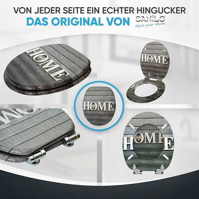 SANILO WC-Sitz Welcome mit Absenkautomatik - MDF, Braun, Mit Absenkautomatik - Rustikaler WC-Sitz in Holzoptik mit „HOME“-Schriftzug und Herz, aus verschiedenen Ansichten.