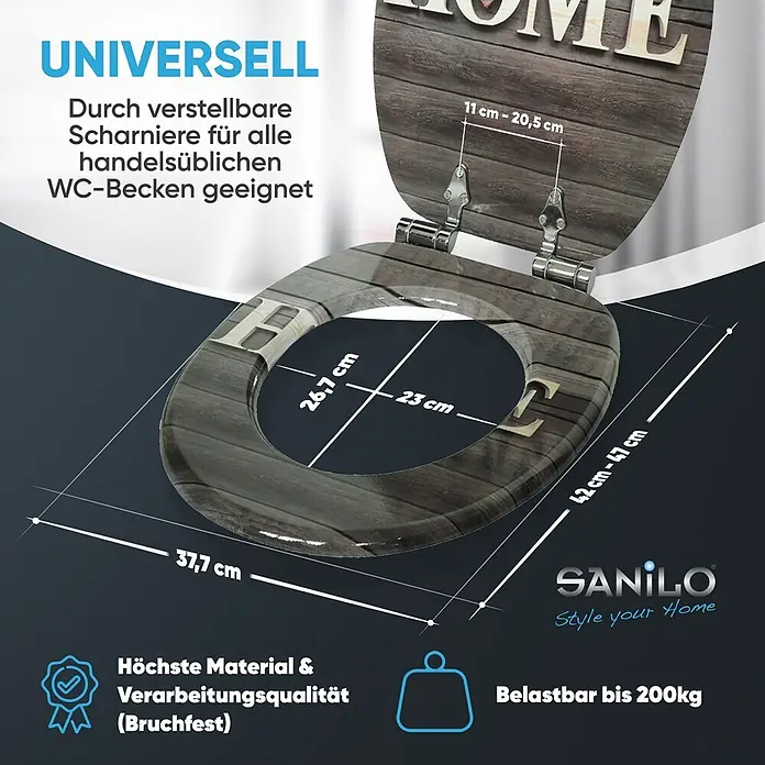 SANILO WC-Sitz Welcome mit Absenkautomatik - MDF, Braun, Mit Absenkautomatik - WC-Sitz in dunkler Holzoptik mit 'HOME'-Schriftzug, Maßen, Universalpassform und 200kg Belastbarkeit.
