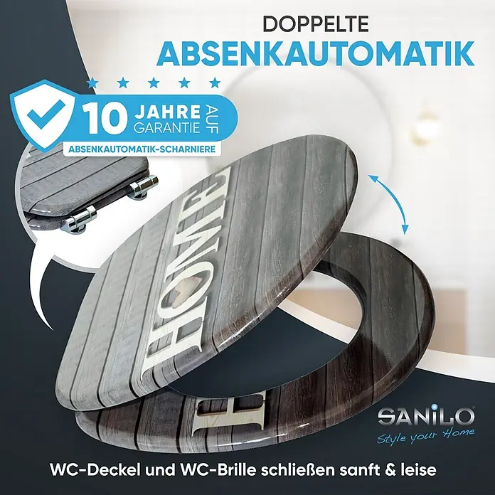 SANILO WC-Sitz Welcome mit Absenkautomatik - MDF, Braun, Mit Absenkautomatik - WC-Sitz in grauer Holzoptik mit "HOME"-Schriftzug, ausgestattet mit doppelter Absenkautomatik für sanftes und leises Schließen.
