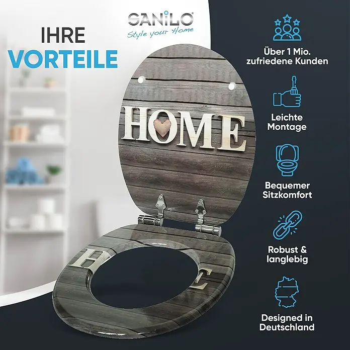 SANILO WC-Sitz Welcome mit Absenkautomatik - MDF, Braun, Mit Absenkautomatik - Toilettensitz in dunkler Holzplankenoptik mit erhabenen 'HOME'-Buchstaben und einem Stoffherz auf dem Deckel.