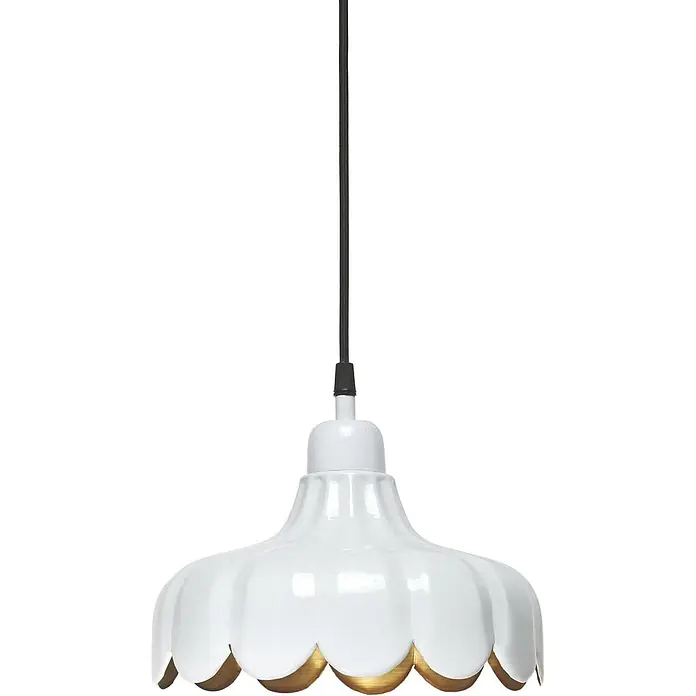 PR Home Pendelleuchte 24cm Fensterleuchte - 25 W, E27 - Weiße, gewellte Hängelampe mit goldener Innenseite an schwarzem Kabel.