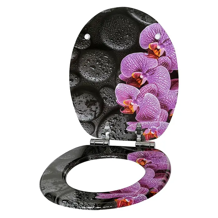 SANILO WC-Sitz Madeira - MDF, Violett, Ohne Absenkautomatik - Offener Toilettensitz mit Design aus lila Orchideen und schwarzen Steinen mit Wassertropfen.