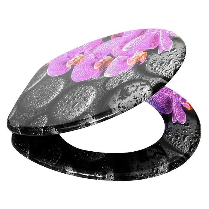 SANILO WC-Sitz Madeira - MDF, Violett, Ohne Absenkautomatik - Glänzender Toilettensitz und Deckel mit Design aus lila Orchideen, schwarzen Zen-Steinen und Wassertropfen.