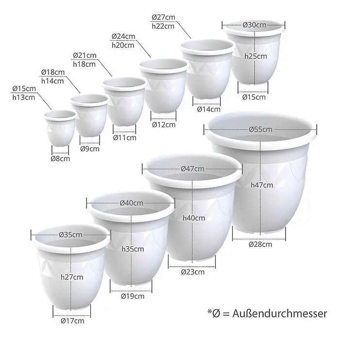 Plastard Pflanztopf Capri 5er Set - Außenmaß (Ø x H): 35 x 30 cm, Kunststoff, Weiß - Weiße Pflanztöpfe in verschiedenen Größen mit detaillierten Maßen für Oberdurchmesser, Höhe und Bodendurchmesser.