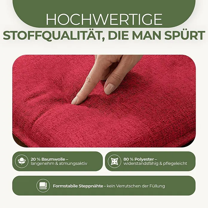 BI International Sitzauflage Florence Hochlehner Auflage - Hochlehner Gartenstühle, 6 Stk., L x B x H: 150 x 50 x 5 cm, Mischgewebe 65% Polyester, 35% Baumwolle, Rot - Rotes Stoffkissen, eine Hand drückt hinein, um die hochwertige, strapazierfähige und atmungsaktive Qualität zu zeigen.